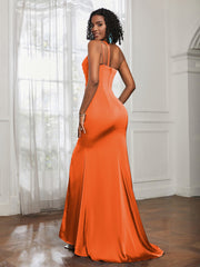 One Shoulder Spaghetti Straps Dress With Slit Burnt Orange
