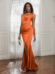 One Shoulder Spaghetti Straps Dress With Slit Burnt Orange Plus Size