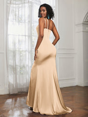 One Shoulder Spaghetti Straps Dress With Slit Champagne