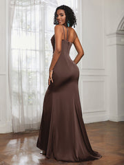 One Shoulder Spaghetti Straps Dress With Slit Chocolate