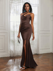 One Shoulder Spaghetti Straps Dress With Slit Chocolate Plus Size