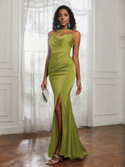 One Shoulder Spaghetti Straps Dress With Slit Clover