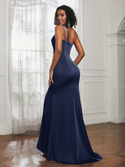 One Shoulder Spaghetti Straps Dress With Slit Dark Navy