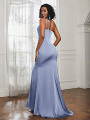 One Shoulder Spaghetti Straps Dress With Slit Dusty Blue Plus Size