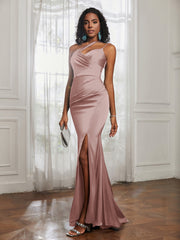 One Shoulder Spaghetti Straps Dress With Slit Dusty Rose