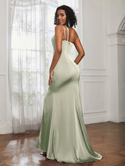 One Shoulder Spaghetti Straps Dress With Slit Dusty Sage Plus Size