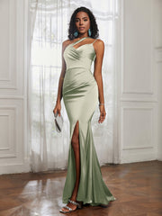 One Shoulder Spaghetti Straps Dress With Slit Dusty Sage Plus Size