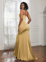 One Shoulder Spaghetti Straps Dress With Slit Gold