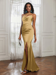 One Shoulder Spaghetti Straps Dress With Slit Gold