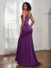 One Shoulder Spaghetti Straps Dress With Slit Grape