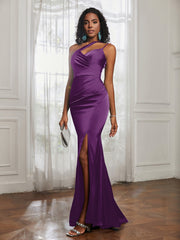 One Shoulder Spaghetti Straps Dress With Slit Grape