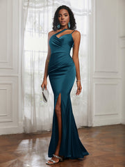 One Shoulder Spaghetti Straps Dress With Slit Ink Blue Plus Size