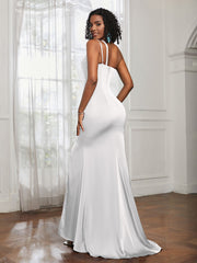 One Shoulder Spaghetti Straps Dress With Slit Ivory
