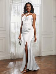 One Shoulder Spaghetti Straps Dress With Slit Ivory
