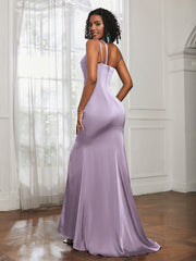 One Shoulder Spaghetti Straps Dress With Slit Lilac