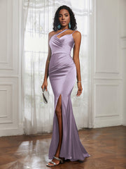 One Shoulder Spaghetti Straps Dress With Slit Lilac