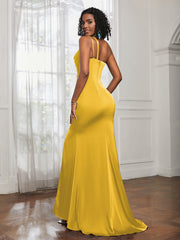 One Shoulder Spaghetti Straps Dress With Slit Marigold