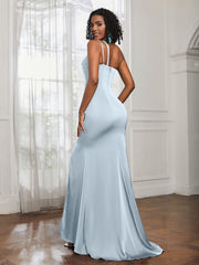 One Shoulder Spaghetti Straps Dress With Slit Mist