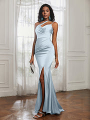 One Shoulder Spaghetti Straps Dress With Slit Mist