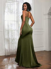 One Shoulder Spaghetti Straps Dress With Slit Olive Green Plus Size