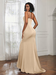 One Shoulder Spaghetti Straps Dress With Slit Peach Plus Size