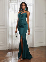One Shoulder Spaghetti Straps Dress With Slit Peacock