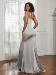 One Shoulder Spaghetti Straps Dress With Slit Silver Plus Size