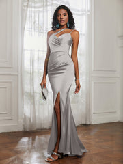 One Shoulder Spaghetti Straps Dress With Slit Silver