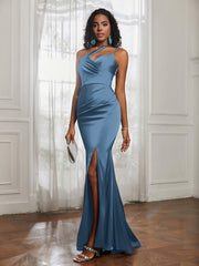 One Shoulder Spaghetti Straps Dress With Slit Slate Blue Plus Size