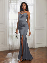 One Shoulder Spaghetti Straps Dress With Slit Steel Grey