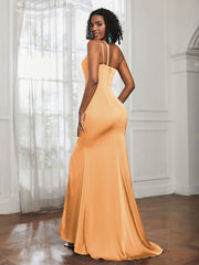 One Shoulder Spaghetti Straps Dress With Slit Tangerine