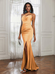 One Shoulder Spaghetti Straps Dress With Slit Tangerine