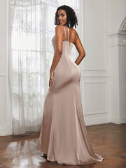 One Shoulder Spaghetti Straps Dress With Slit Taupe Plus Size