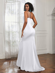 One Shoulder Spaghetti Straps Dress With Slit White Plus Size