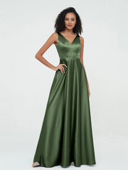 Princess V-neck Satin Dresses with Pockets Olive Green