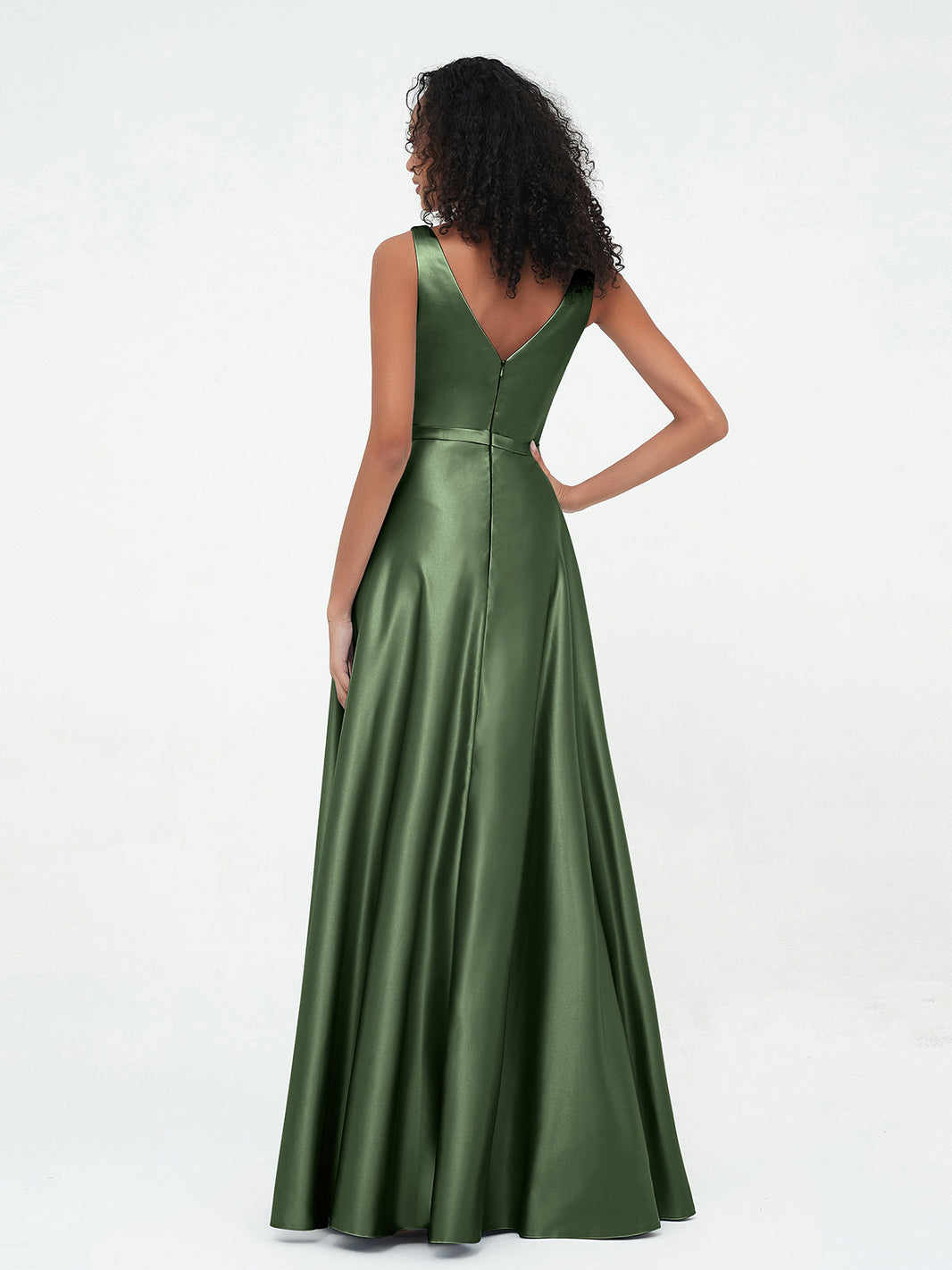 BABARONI Satin Olive Green Bridesmaid Dresses A-line V-neck Floor-length  Sleeveless – BABARONI UK