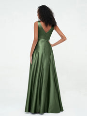 Princess V-neck Satin Dresses with Pockets Olive Green