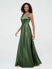 Princess V-neck Satin Dresses with Pockets Olive Green