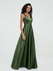 Princess V-neck Satin Dresses with Pockets Olive Green