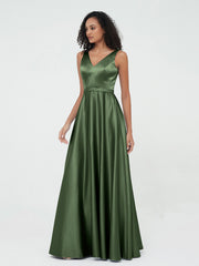 Princess V-neck Satin Dresses with Pockets Olive Green