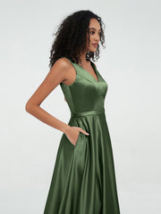 Princess V-neck Satin Dresses with Pockets Olive Green