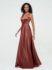 Princess V-neck Satin Dresses with Pockets Terracotta