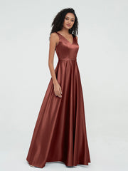 Princess V-neck Satin Dresses with Pockets Terracotta