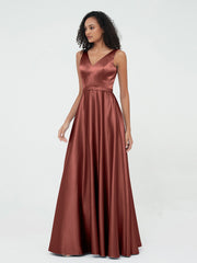 Princess V-neck Satin Dresses with Pockets Terracotta