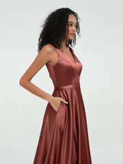 Princess V-neck Satin Dresses with Pockets Terracotta