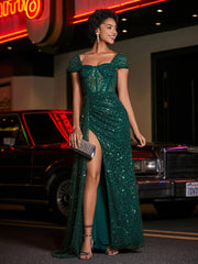 Sweetheart Neckline Sequin Prom Dresses With Slit Dark Green Plus Size