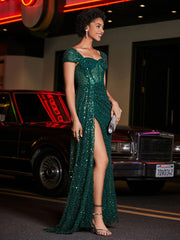 Sweetheart Neckline Sequin Prom Dresses With Slit Dark Green Plus Size