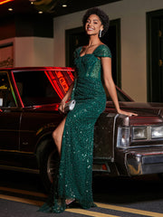 Sweetheart Neckline Sequin Prom Dresses With Slit Dark Green Plus Size