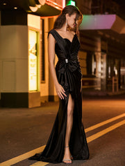 Sleeveless Waist Ruched Sheath Dress with Bow Black