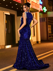 Sexy Illusion Neck Rhinestones Glitter Sequin Mermaid Dress Royal Blue